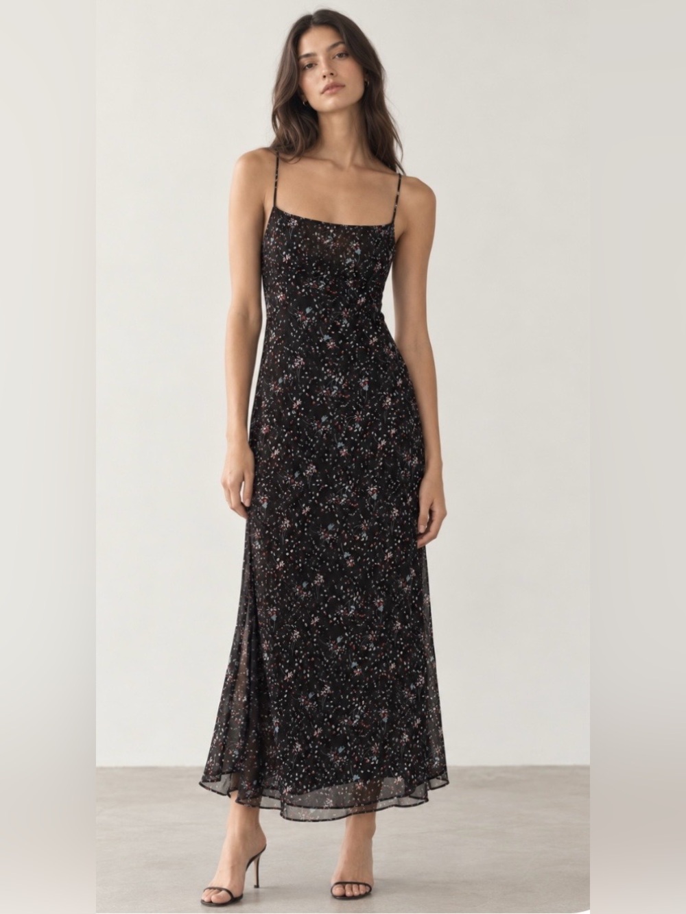 NWT The East Order Black Floral Chiffon Cami Midi “Essie” Dress- S